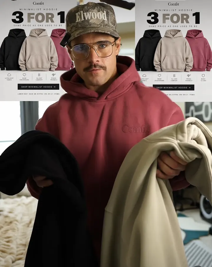 Comfrt clothing ad with a man holding black and beige hoodies