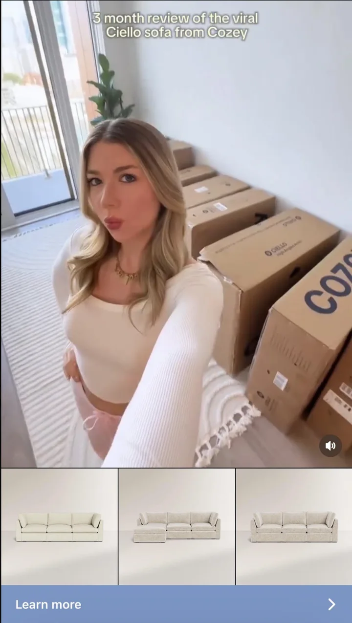 Complete Cozey sofa ad with a woman beside delivery boxes, three sofa options and a Learn more bar