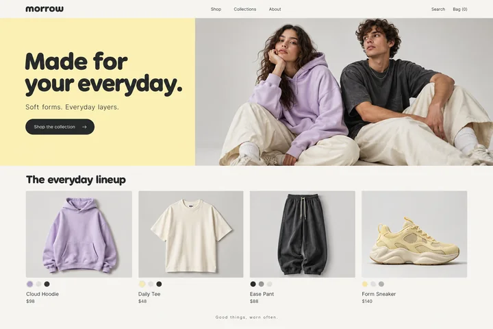 Full Morrow fashion storefront website with its headline and four-product everyday lineup